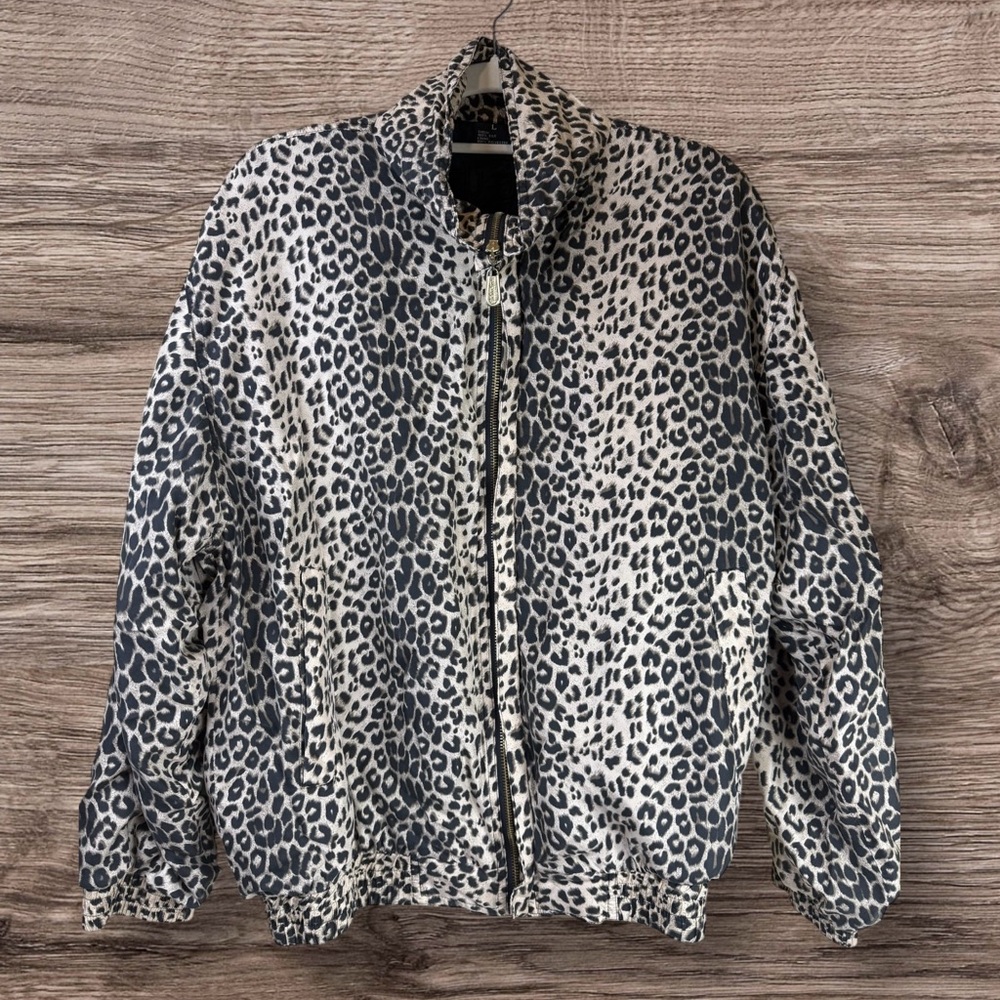 Fuda International Leopard Print Zip-Up Bomber Jacket  Size Large 100% Silk